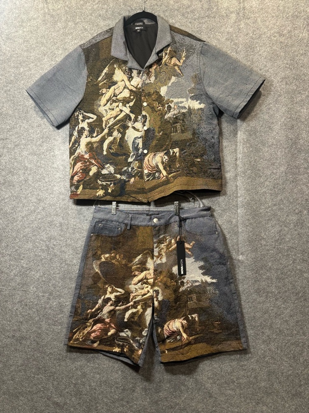 NWT Men's Printed Brocade Short Sleeve Suit Set - Gray & Brown Artistic Print